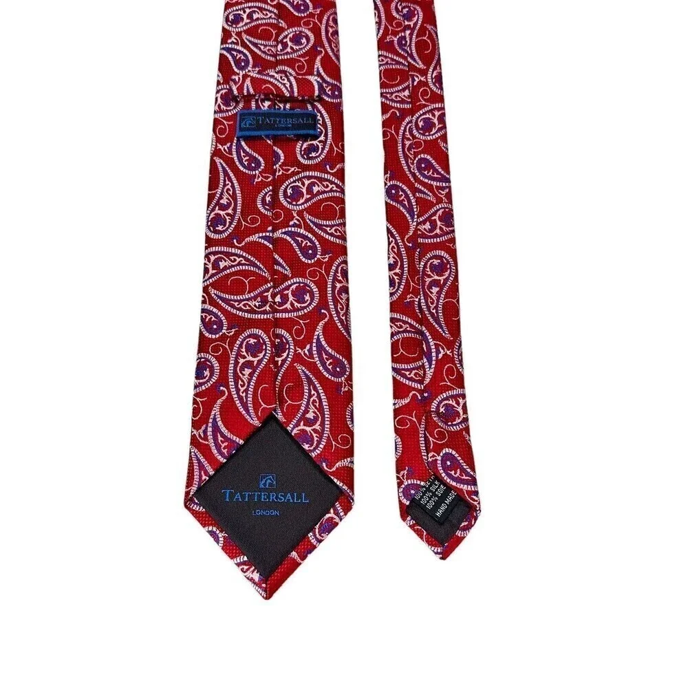 Tattersall London Silk Tie Men Red White Blue Paisley Necktie 100% Silk Handmade